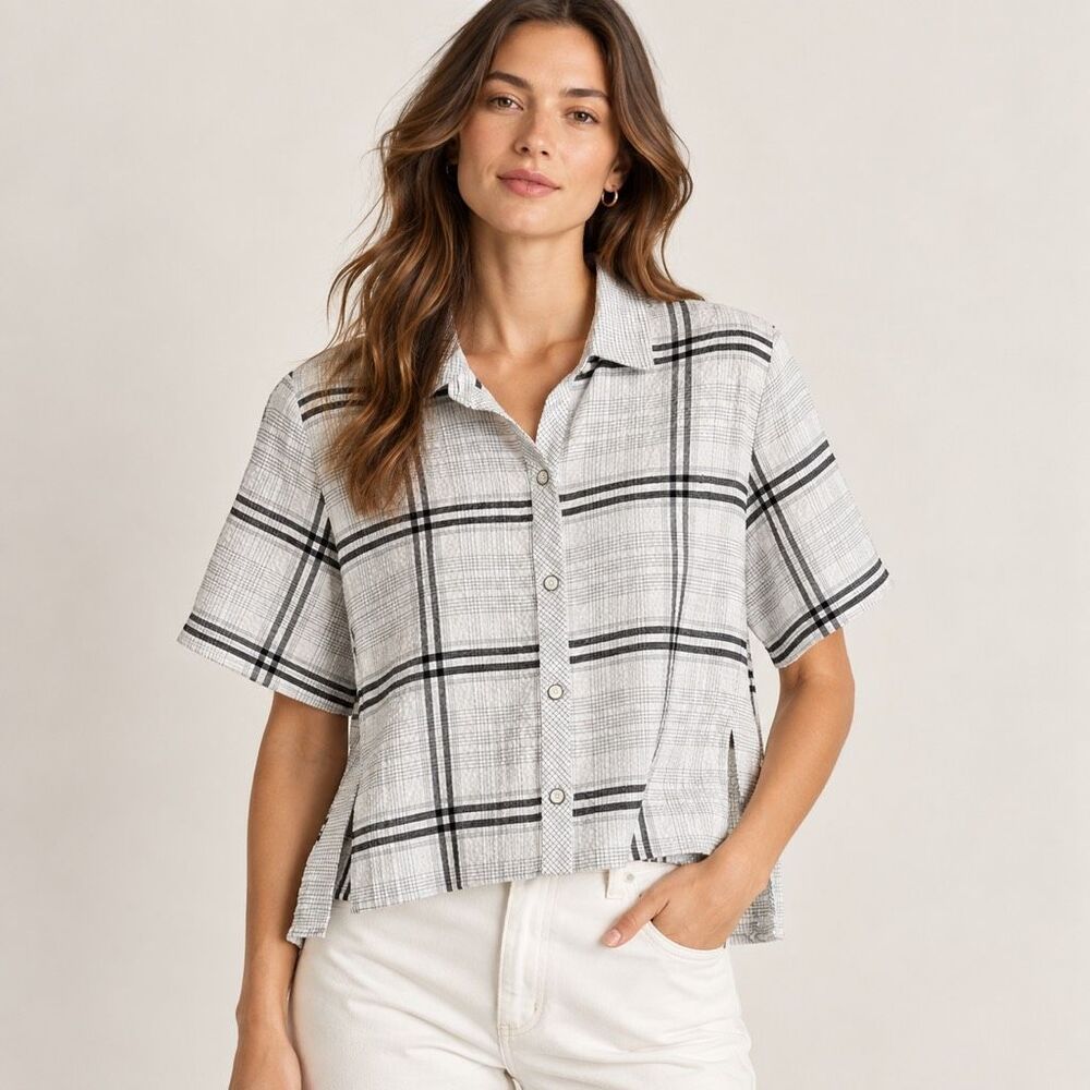 Habitat Clothes to Live In Windowpane Plaid Short Sleeve Top Size Large White
